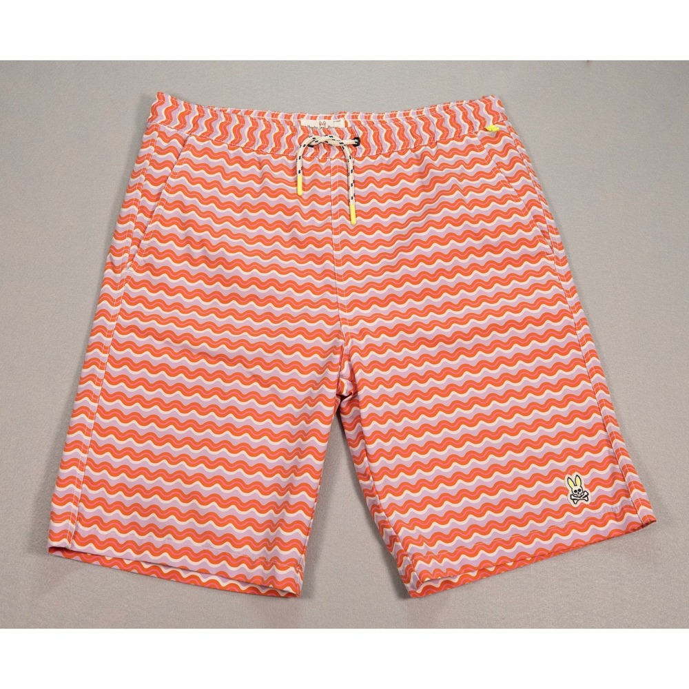 Psycho Bunny Mens Swim Trunks Orange Pink Wavy Chevron Board Shorts Size Large